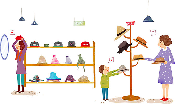 모자 여자 남자 어린이 일러스트 선반 사람 성인 세명 상점 거울 시장 옷걸이 모자가게 국내일러스트 AI파일 잡화 가구 파일형식 벡터