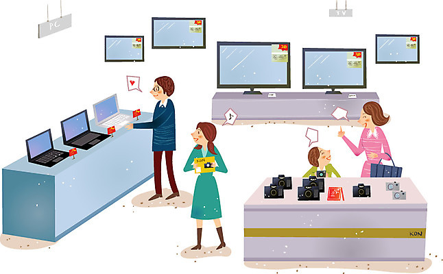 여자 남자 어린이 일러스트 사람 여러명 성인 노트북 전자제품 카메라 상점 텔레비전 가전제품 시장 국내일러스트 AI파일 다수 파일형식 벡터