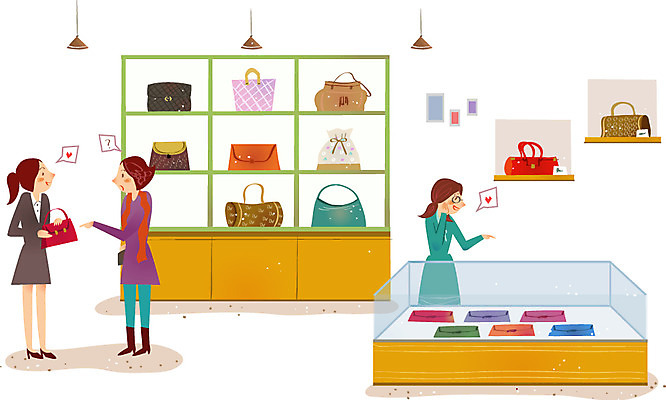 잡화 여자 가방 일러스트 선반 사람 성인 세명 상점 지갑 시장 종업원 성인여자만 국내일러스트 AI파일 직업 가구 여자만 성인만 파일형식 벡터