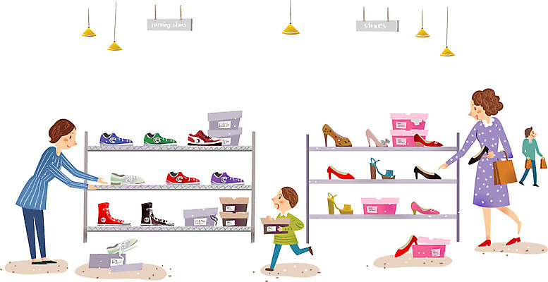 여자 남자 어린이 구두 운동화 신발 일러스트 선반 사람 여러명 성인 상자 상점 시장 신발가게 국내일러스트 AI파일 가구 다수 파일형식 벡터