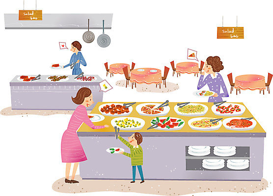 접시 여자 남자 어린이 음식 의자 일러스트 탁자 집게 사람 여러명 성인 상점 식당 레스토랑 시장 뷔페 국내일러스트 AI파일 식기 가구 다수 파일형식 벡터