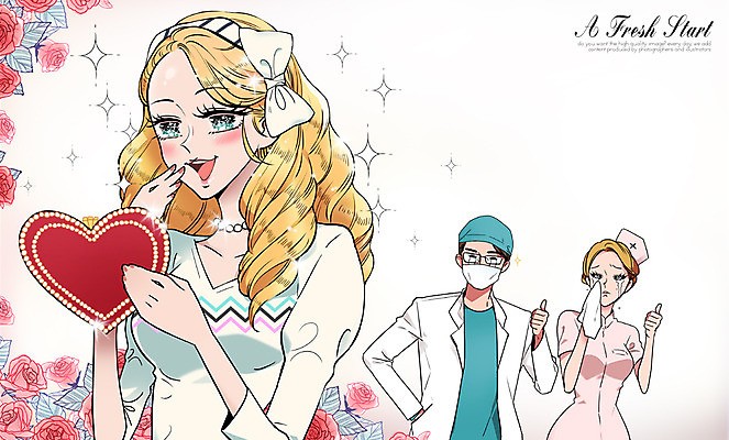 PSD 식물 여자 남자 꽃 리본 일러스트 사람 성인 세명 뷰티 장미 간호사 의사 머리띠 우아함 성형수술 만화 눈물 성인만 순정만화 국내일러스트 감정 컨셉 장신구 의료진 수술 파일형식