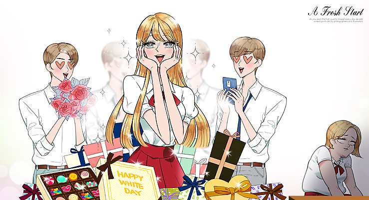 PSD 식물 학생 여자 남자 꽃 교복 프로포즈 일러스트 화이트데이 선물 사람 여러명 스마트폰 뷰티 우아함 성형수술 만화 순정만화 국내일러스트 옷 다수 컨셉 데이이벤트 핸드폰 스마트기기 수술 파일형식