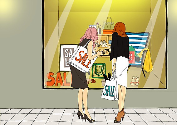 PSD 계절 여자 일러스트 사람 성인 두명 여름 쇼핑 쇼핑백 세일 상점 만화 구경 아트툰 여자만 성인여자만 성인만 국내일러스트 가방 그림 파일형식