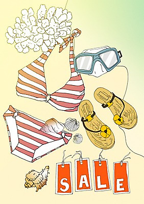 PSD 계절 일러스트 조개 해변 사람없음 여름 비키니 세일 산호 소라 샌들 만화 물안경 아트툰 국내일러스트 수영복 바다 신발 어패류 자포동물 그림 수영용품 파일형식