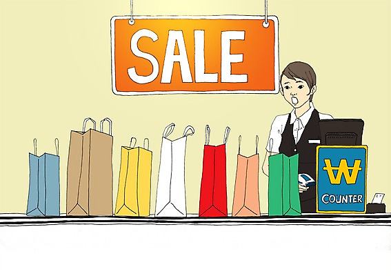 PSD 계절 여자 일러스트 한명 사람 성인 여름 쇼핑백 세일 만화 종업원 계산대 아트툰 여자만 여자한명만 성인여자만 성인만 국내일러스트 직업 1 가방 그림 파일형식