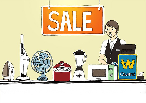 PSD 계절 일러스트 사람 여름 세일 가전제품 선풍기 전자레인지 만화 종업원 계산대 믹서 청소기 다리미 밥솥 아트툰 국내일러스트 직업 주방용품 전자제품 레인지 청소도구 그림 파일형식