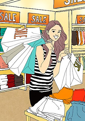 PSD 옷 계절 여자 일러스트 실내 한명 사람 성인 여름 쇼핑 쇼핑백 세일 상점 만화 아트툰 여자만 여자한명만 성인여자만 성인만 국내일러스트 1 가방 내부 그림 파일형식