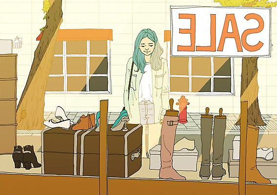 PSD 잡화 계절 여자 신발 일러스트 창문 한명 사람 성인 여름 세일 상점 만화 아트툰 여자만 여자한명만 성인여자만 성인만 국내일러스트 1 그림 파일형식