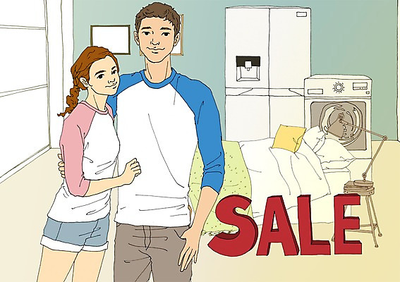 PSD 계절 여자 남자 일러스트 신혼부부 조명 실내 사람 성인 두명 여름 세일 침대 만화 냉장고 세탁기 혼수품 아트툰 성인만 국내일러스트 부부 가구 결혼 내부 가전제품 오브젝트 그림 신혼 파일형식