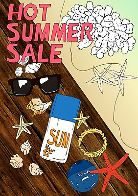 PSD 계절 일러스트 조개 불가사리 해변 사람없음 여름 선글라스 세일 소라 만화 선크림 아트툰 국내일러스트 안경 바다 어패류 극피동물 화장품 그림 파일형식