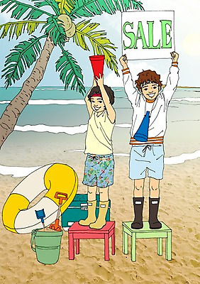 PSD 식물 계절 남자 어린이 일러스트 장화 사람 해변 두명 여름 야자수 세일 확성기 팻말 만화 삽 튜브 아트툰 남자만 어린이만 소년만 국내일러스트 나무 바다 신발 프레임 그림 파일형식