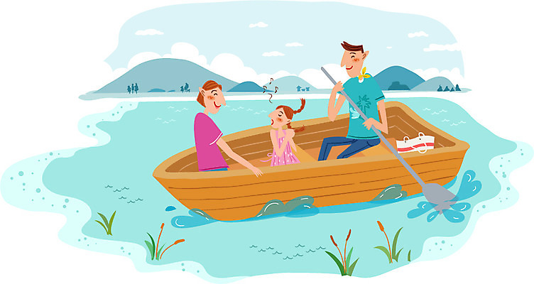 주간 여자 남자 어린이 일러스트 노래 가족 휴가 산 함께함 사람 성인 야외 세명 여름휴가 바캉스 강 자유 노 선박 국내일러스트 AI파일 자연요소 음악 컨셉 수상교통 관계 파일형식 벡터 여름_계절