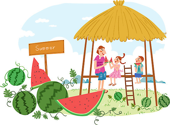 주간 계절 여자 남자 어린이 과일 일러스트 사다리 가족 휴가 여름음식 수박 함께함 사람 성인 야외 세명 여름 여름휴가 바캉스 자유 오두막 제철음식 제철과일 국내일러스트 AI파일 자연요소 음식 컨셉 관계 도구 제철 파일형식 벡터 여름_계절