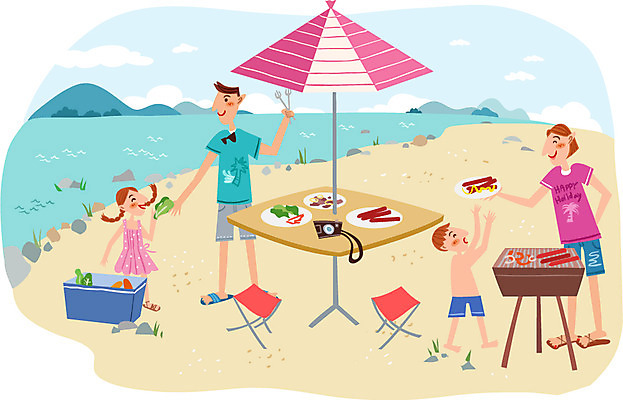 여자 남자 어린이 의자 일러스트 가족 탁자 휴가 함께함 육류 사람 성인 여름휴가 바캉스 강 자유 파라솔 소시지 바비큐 굽기 아이스박스 국내일러스트 AI파일 음식 가구 컨셉 식재료 관계 가공식품 구이 파일형식 벡터 여름_계절