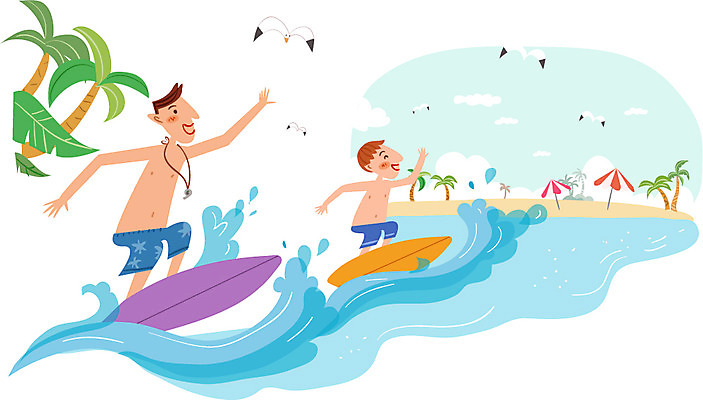 주간 식물 남자 바다 일러스트 가족 갈매기 휴가 함께함 사람 해변 야외 두명 여름휴가 바캉스 야자수 자유 파라솔 서핑 남자만 국내일러스트 AI파일 자연요소 나무 컨셉 관계 조류 수상스포츠 파일형식 벡터 여름_계절