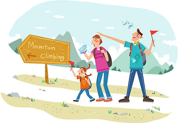 주간 여자 남자 어린이 일러스트 배낭 가족 휴가 산 함께함 사람 성인 야외 여름휴가 바캉스 등산 자유 깃발 표지판 물통 국내일러스트 AI파일 자연요소 컨셉 가방 관계 알림판 트래킹 파일형식 벡터 여름_계절