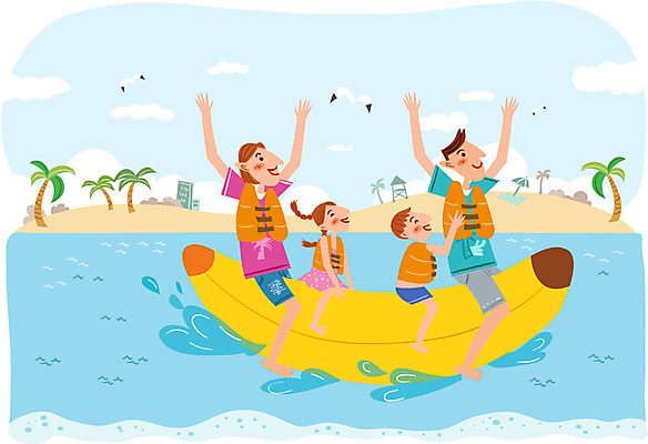 식물 여자 남자 어린이 바다 일러스트 가족 갈매기 휴가 함께함 사람 성인 여름휴가 바캉스 야자수 자유 구명조끼 바나나보트 국내일러스트 AI파일 나무 컨셉 관계 조류 보트 구조용품 파일형식 벡터 여름_계절
