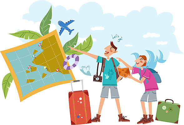 여자 남자 여행 지도 일러스트 가족 휴가 비행기 함께함 사람 성인 두명 여름휴가 바캉스 카메라 캐리어 자유 튜브 성인만 국내일러스트 AI파일 컨셉 관계 항공교통 대중교통 전자제품 여행가방 파일형식 벡터 여름_계절