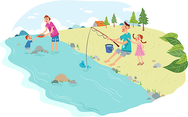 주간 나무 식물 여자 남자 어린이 일러스트 가족 낚시 휴가 함께함 텐트 사람 성인 야외 여름휴가 바캉스 강 바구니 자유 돌_바위 낚싯대 다슬기 국내일러스트 AI파일 자연요소 컨셉 관계 레저 어패류 캠핑도구 낚시용품 파일형식 벡터 여름_계절