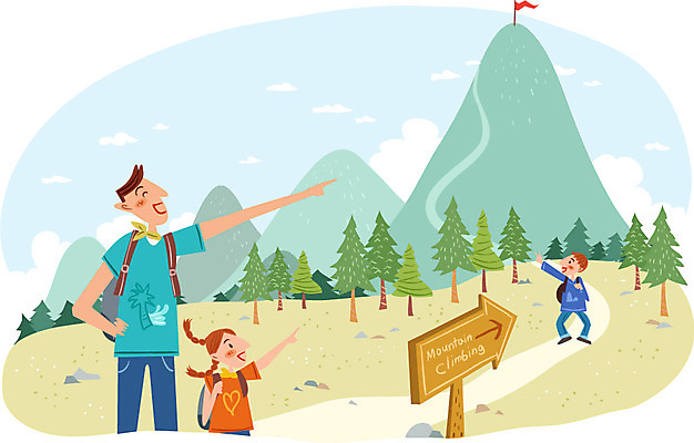 주간 나무 식물 여자 남자 어린이 일러스트 가족 휴가 산 함께함 사람 성인 야외 세명 여름휴가 바캉스 등산 자유 깃발 표지판 국내일러스트 AI파일 자연요소 컨셉 관계 알림판 트래킹 파일형식 벡터 여름_계절
