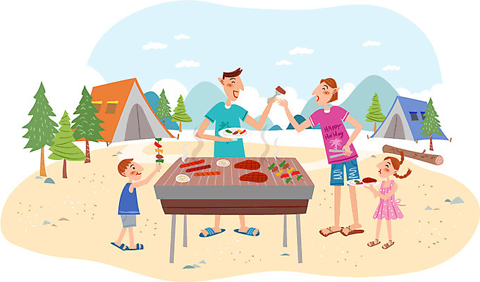 주간 나무 식물 접시 여자 남자 어린이 일러스트 가족 휴가 산 함께함 텐트 육류 사람 여러명 성인 야외 여름휴가 바캉스 캠핑 자유 꼬치 바비큐 굽기 캠핑장 국내일러스트 AI파일 자연요소 식기 음식 다수 컨셉 식재료 관계 레저 캠핑도구 구이 파일형식 벡터 여름_계절