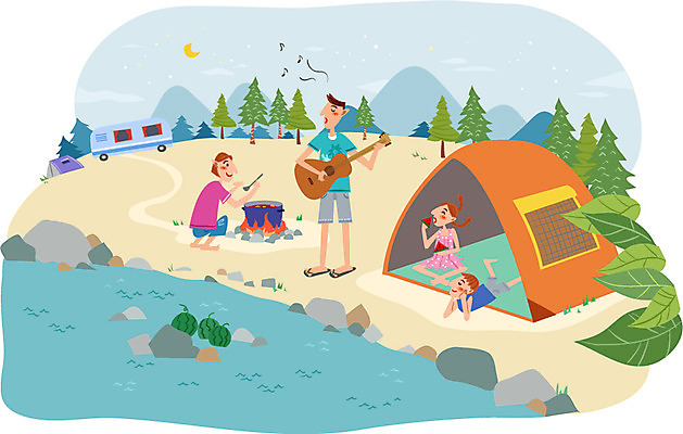 나무 식물 여자 남자 악기 연주 과일 일러스트 가족 휴가 산 수박 함께함 텐트 사람 야외 여름휴가 바캉스 강 자유 달 돌_바위 기타 냄비 야간 모닥불 캠핑장 국자 캠핑카 국내일러스트 AI파일 자연요소 음악 컨셉 관계 자동차 주방용품 불 현악기 캠핑도구 캠핑 솥 파일형식 벡터 여름_계절