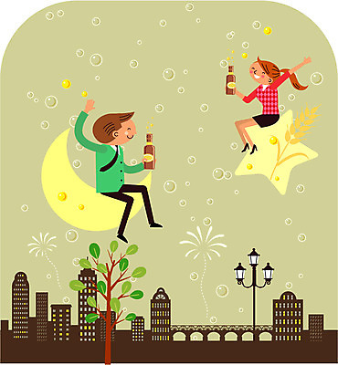 나무 식물 여자 남자 별 가로등 일러스트 맥주 주류 함께함 사람 빌딩 성인 두명 기쁨 달 도시 즐거움 보리 맥주병 비어피플 성인만 국내일러스트 AI파일 자연요소 공공시설 감정 음료 컨셉 술병 곡류 건물 파일형식 벡터