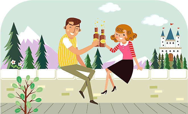 주간 나무 식물 구름 커플 여자 남자 여행 일러스트 산 맥주 주류 함께함 사람 성인 야외 두명 담장 기쁨 성 즐거움 건배 맥주병 비어피플 성인만 국내일러스트 AI파일 자연요소 건축물 감정 음료 컨셉 관계 술병 파일형식 벡터
