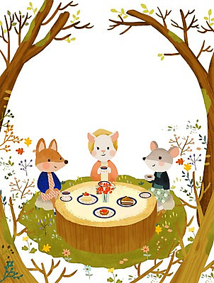PSD 나무 식물 동물 계절 꽃 여유 일러스트 티타임 휴식 세마리 앉기 사람없음 케이크 봄 양 차 쥐 숲 여우 나무밑둥 티파티 국내일러스트 감정 음료 컨셉 포유류 모션 디저트 3 파티 설치류 파일형식