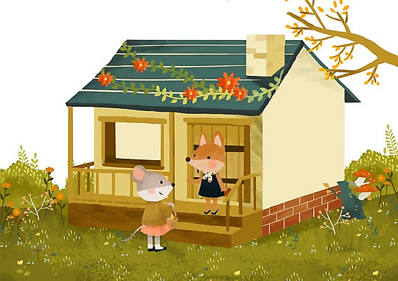 PSD 식물 동물 계절 행복 두마리 일러스트 주택 들기 잔디 사람없음 바구니 봄 기쁨 쥐 숲 여우 초대 방문 환영 반가움 집들이 국내일러스트 감정 2 포유류 모션 건물 설치류 파일형식