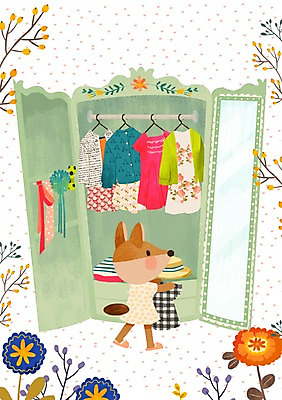 PSD 식물 동물 한마리 응시 옷 계절 원피스 패션 꽃 일러스트 들기 사람없음 봄 거울 장롱 여우 전신거울 봄옷 국내일러스트 1 시선 가구 포유류 모션 파일형식