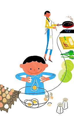 PSD 여자 남자 아들 어린이 일러스트 엄마 도마 요리 사람 성인 두명 주방 계란 프라이팬 양배추 후추 후추통 요리준비 믹싱볼 국내일러스트 그릇 채소 가족 주방용품 알 향신료 준비 양념통 파일형식