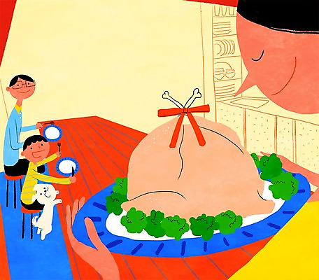 PSD 한마리 접시 여자 남자 어린이 일러스트 식탁 요리 사람 성인 세명 주방 강아지 칠면조구이 칠면조요리 국내일러스트 1 식기 음식 탁자 반려동물 개 구이 파일형식