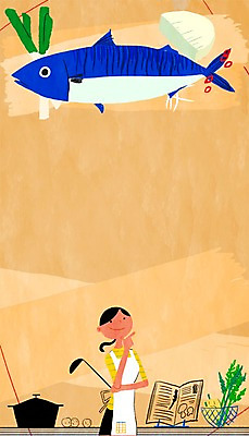 PSD 여자 일러스트 요리 한명 사람 성인 주방 냄비 무 국자 파 고등어 요리책 국내일러스트 1 채소 주방용품 뿌리채소 어류 책 솥 파일형식