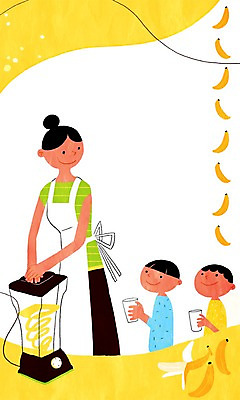 PSD 여자 남자 어린이 일러스트 잔 바나나 요리 사람 성인 세명 주방 믹서 바나나주스 국내일러스트 식기 과일 과일주스 파일형식