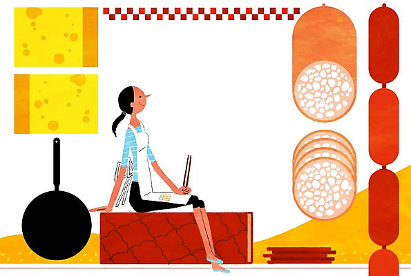 PSD 여자 일러스트 치즈 요리 한명 사람 성인 주방 프라이팬 햄 비엔나소시지 국내일러스트 1 주방용품 유제품 육류 소시지 파일형식