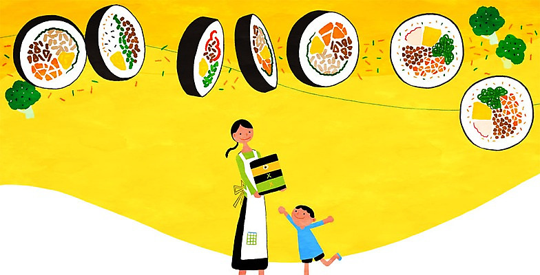 PSD 여자 남자 어린이 일러스트 엄마 요리 사람 성인 두명 주방 자녀 김밥 도시락 도시락통 브로컬리죽 국내일러스트 음식 가족 용기_그릇 죽 파일형식