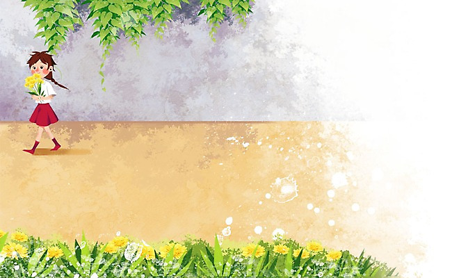 PSD 여자 어린이 벽 백그라운드 꽃밭 일러스트 자연 한명 사람 소녀 민들레 넝쿨나무 국내일러스트 나무 1 꽃 생태계 파일형식