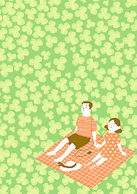 PSD 모자 문양 커플 사계절 여자 남자 백그라운드 패턴 일러스트 사람 앉기 성인 두명 소풍 봄 음악감상 패턴백그라운드 클로버 돗자리 세잎클로버 국내일러스트 식물 잡화 계절 무늬 관계 모션 야외활동 감상 파일형식