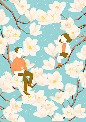 PSD 문양 커플 사계절 여자 남자 백그라운드 패턴 일러스트 사람 앉기 성인 두명 봄 패턴백그라운드 목련 목련나무 국내일러스트 나무 계절 꽃 무늬 관계 모션 파일형식