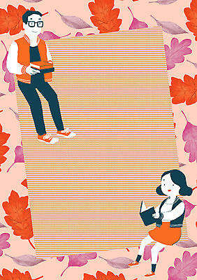PSD 문양 커플 사계절 여자 남자 백그라운드 단풍 패턴 일러스트 프레임 사람 성인 두명 책 독서 패턴백그라운드 가을 가을배경 국내일러스트 계절 잎 무늬 관계 파일형식 가을_계절