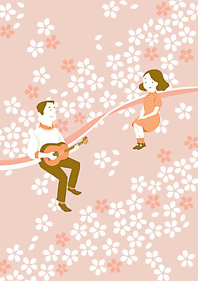 PSD 문양 커플 사계절 여자 남자 백그라운드 연주 패턴 일러스트 사람 성인 두명 봄 패턴백그라운드 벚꽃 기타 국내일러스트 계절 꽃 음악 무늬 관계 현악기 파일형식