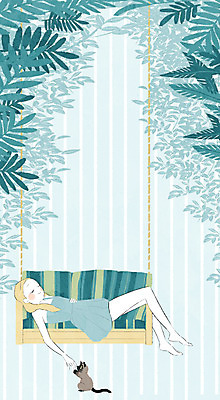 PSD 한마리 여자 백그라운드 일러스트 한명 사람 성인 여름 눕기 고양이 풀잎 그네 낮잠 그네의자 국내일러스트 1 계절 잎 의자 포유류 모션 반려동물 잠 풀_식물 파일형식