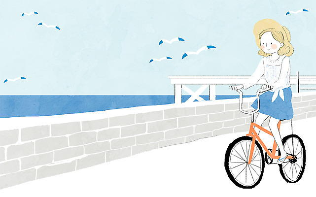 주간 PSD 여자 백그라운드 일러스트 갈매기 한명 사람 성인 해변 야외 여름 담장 자전거 밀짚모자 국내일러스트 자연요소 모자_잡화 1 계절 바다 조류 바이크 파일형식