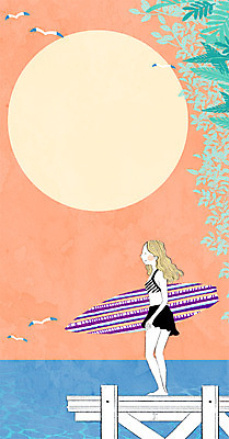 주간 전신 PSD 여자 수영복 바다 백그라운드 일러스트 갈매기 한명 서기 사람 성인 야외 여름 태양 서핑보드 풀잎 국내일러스트 자연요소 1 옷 계절 잎 모션 조류 보드_스포츠 풀_식물 파일형식