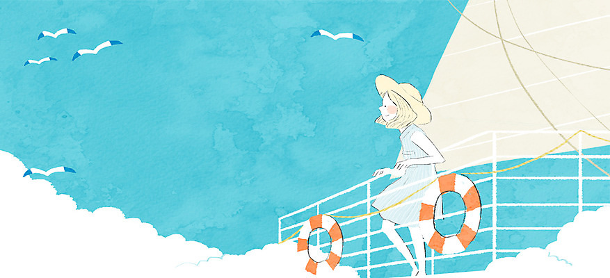 주간 전신 PSD 구름 모자 여자 바다 백그라운드 일러스트 난간 갈매기 한명 서기 사람 성인 야외 여름 튜브 국내일러스트 자연요소 1 잡화 계절 모션 조류 파일형식