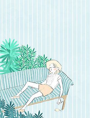 전신 PSD 여자 백그라운드 일러스트 한명 사람 앉기 성인 여름 소파 풀잎 낮잠 국내일러스트 1 계절 잎 의자 모션 잠 풀_식물 파일형식