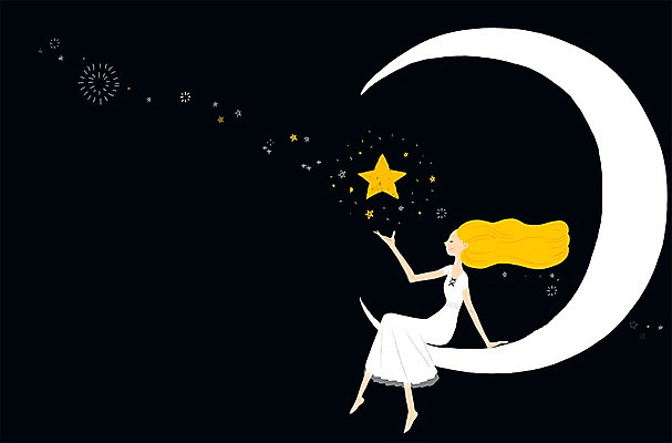 전신 PSD 여자 별 백그라운드 일러스트 검은배경 한명 사람 앉기 성인 희망 꿈 초승달 은하수 국내일러스트 자연요소 1 감정 모션 자연 검은색 달 파일형식