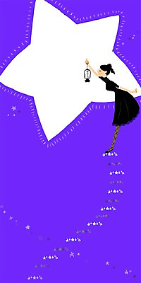 PSD 여자 별 백그라운드 일러스트 한명 사람 성인 계단 희망 꿈 램프 야간 국내일러스트 자연요소 1 감정 조명 파일형식